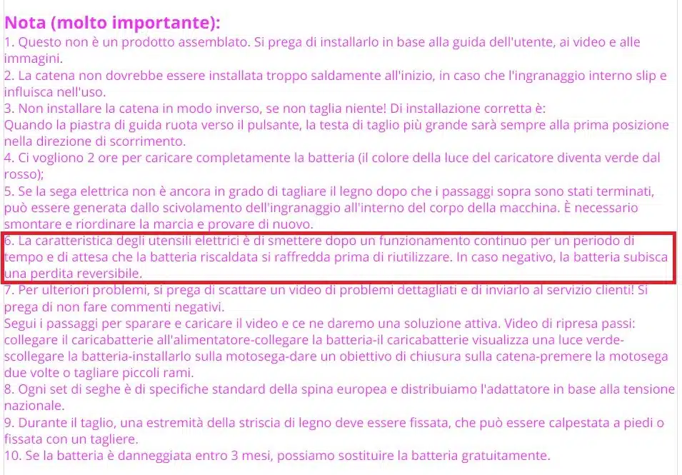 Mini Motosega - Potatore a batteria - disclaimer